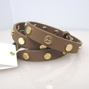 Tory Burch $195 Skinny Studded Logo Belt Tiger Eye Gold XS 1/2" Wide